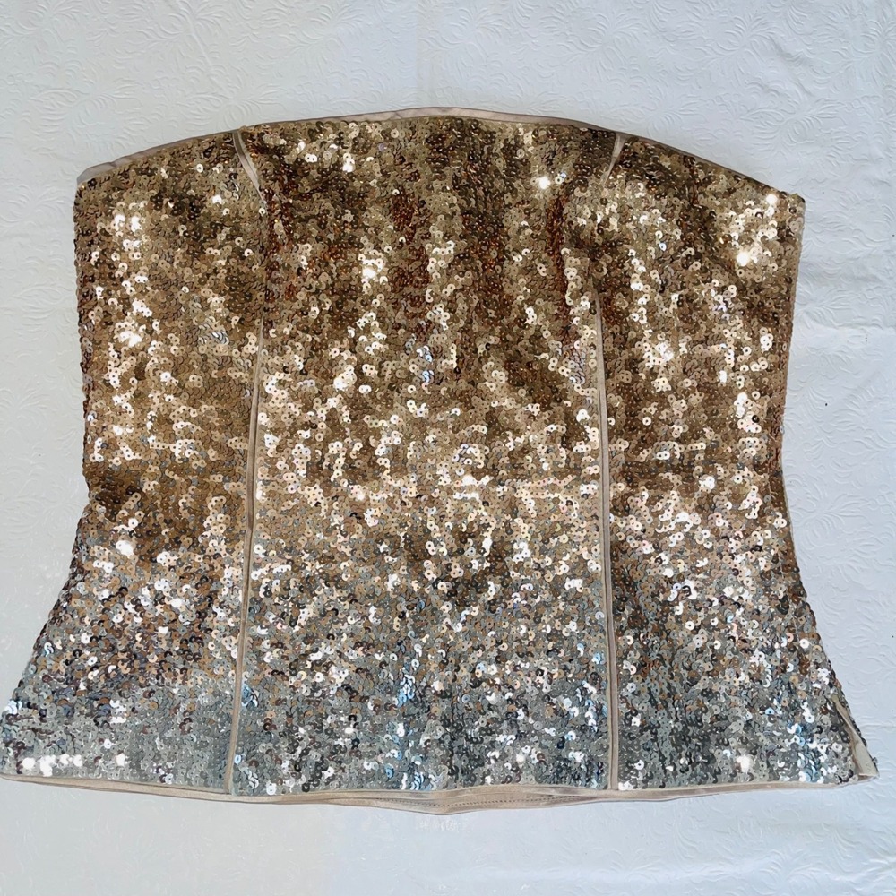 White House Black Market Women Ombre Sequin Bustier 12 Gold Silver Strapless Top